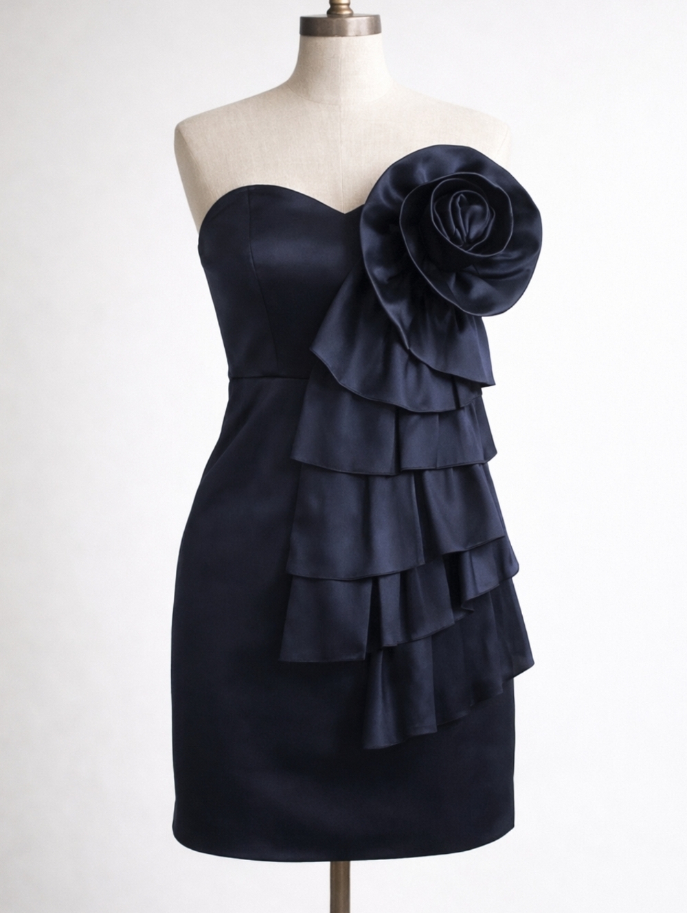SOLEMIO Black Satin Strapless Rosette Mini Dress Cascading Ruffle Cocktail XS